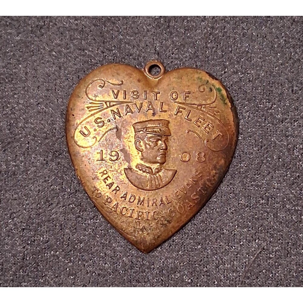 1906 Navy Sweetheart Pendant Fleet Visit Rear Admiral Evans Heart Medal Fob